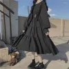 Robes Décontractées Femmes Volants Solides Style Japonais Gothique Chic Robe À Manches Longues Lolita All-match Simple O-cou Élégant Harajuku Mi-mollet