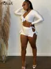 Women's Tracksuits FQLWL Summer Casual 2 Two Peice Sets Outfits Tracksuit Women Long Sleeve Bandage Crop Top Skinny Shorts White Matching Sets 2022 P230320