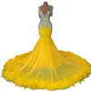 2023 ASO EBI FEATHERS sjöjungfru Prom Dresses Shiny Crystals Tassel Beaded Luxury African Nigeria Formal Party Evening Clows Women Yellow Second Reception Dress