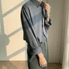 Herren-Freizeithemden, hochwertige graue drapierte Langarmhemden für Männer, Retro-Frühlings-Chiffon, lose lässige koreanische Mode, versteckte Schnalle, Hemd 230322