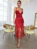 Casual Dresses 2023 Red Rayon Bandage Women Sleeveless Sexy V-Neck Bodycon Tassel Mid-calf Dress Celebrate Wedding Mermaid Fashion Outfit