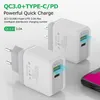 AC Quick Charge QC3.0 PD Laddare 25w USB Typ C Mobiltelefon Väggladdare Adapter För iPhone Samsung EU UK US Plug Dual Ports Snabbladdare med box