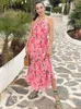 Sukienki imprezowe Foridol Slevelss Hanter Maxi Summer for Women Sexy Backless Beach Pink Boho Robe Femme 2023 Lace Up Sundress Floral Y2303