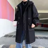 Heren Trench Coats Tooling Style Hooded Black Coat Men Elegant Windendaar Koreaanse herfst Winter Casual Dikke bovenkleding Trendy kleding