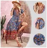 Party Dresses Summer Beach Floral Print Dress for Women Bohemian Elegant Ladies V-neck Short Sleeve Female Robe Boho Hippie Maxi Y2303