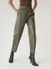 女性用パンツSドローストリングエラスティックウエストハーレムグリーンPUレザーカジュアルカジュアルソリッドカラーズボンファッション230322のポケット付き