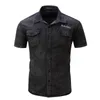 Men's Casual Shirts Men Elastic Cotton Denim Shirt Men Short Sleeve Cargo Shirts Work Business Shirts For Men Casual Blouse Streetwear Brand Clothes 230322