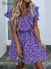 Sukienki swobodne Dicloud Boho Floral Letna sukienka dla kobiet 2022 Elegancka liliowa lekka plaża krótka sundress seksowna v szyja drukarnia impreza vestidos g230322