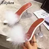 Sandals New Pvc Transparent Feather High Heels Fur Slippers Woman Peep Toe Mules Lady Pumps Slides White Shoes 230316