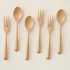 Ensembles de vaisselle 6 pièces créatif en bois naturel dîner cuillère fourchette japonais vaisselle ensemble bois enfant servant salade de fruits cuillère à café