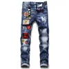 Jeans masculinos designer buraco quebrado respingado pintura magro jeans motocicleta vara pano elástico azul mendigo calças jeans