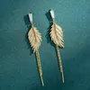 Luxury 14k Real Gold Plated Leaves Tassel Stud örhängen för kvinnor 2022 Trending Cubic Zircon Wedding Jewelry