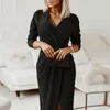 Robes de soirée mode bronzant Wrap v-cou automne robe taille haute drapé ourlet robe asymétrique solide à manches longues fendu femmes robe sexy robe 230322