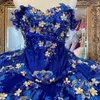 Wunderschöne königliche blaue Quinceanera Kleider Perlen Blumen 3d Flora Puffy Ballkleid Abend Prom Dr.