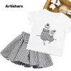 Roupas conjuntos de roupas para crianças roupas de camiseta de meninas saia xadrez infantil para arco rastrear de estilo casual 230322