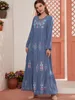 Casual Dresses Aligaia Embroidered Multi-Layer Folds Elegant Dress For Women 2023 Summer Dubai Turkey Islam Muslim Fashion Blue