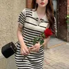 Casual Dresses Students Summer Thin Polo Collar Korean Loose Short Sleeve Elegance Straight Stripe Women Dress Elegant Femme