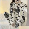 Home Clothing Qweek Cow Print Pajamas Two Piece Set Autumn Pijamas Women Cotton Cute Clothes Pyjamas Sleepwear Japanese Style Kawaii Dhlr0