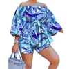 Women's Jumpsuits Rompers Szkzk Sexy printing two piece set Women off the shoulder lacing belt top and shorts Nightclub Party Costume yellow blue Sets 230322