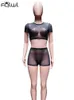 المسارات النسائية FQLWL Summer Streetwear Womens 2 peice وضعت ملابس قصيرة الأكمام أعلى محصول أعلى الخصر السراويل النحيفة دعاوى شبكات مجموعات مطابقة p230320