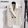 Gilets pour femmes Plaid Imitation Vison Gilet Manteaux Femmes Slim Vintage Pull Sans Manches Crop Tops Printemps Automne Chic Gilets Tricotés Outwear 230322