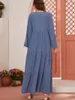 Casual Dresses Aligaia Embroidered Multi-Layer Folds Elegant Dress For Women 2023 Summer Dubai Turkey Islam Muslim Fashion Blue