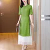 Женские брюки с двумя частями улучшены Aodai Plode Женский костюм 2023 Summer Fashion с коротким рукавом Qipao Tops и установите китайский наряд Z317