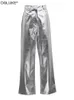 Pantalon femme s argent métallisé Faux cuir pantalon 2023 taille haute longue hiver Hip Hop Streetwear Y2K Night Club Wear 230322