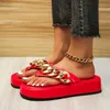 2023Summer Slippers New Plus Size Herringbone Women Flat Beach Shoes 2022 Summer Vintage Metal Chain Platform Womens Flip-Flops Sandals Y2302