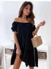 Vestidos casuais sexy slash pescoço vestido de verão moda casual solto branco preto praia vestidos para mulheres 2021 elegante manto de manga curta femme g230322