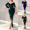 Casual Kleider Formal Off Schulter Samt Sexy Für Frauen Blau Cheongsam Krawatte Taille Hohe Schlitze Cocktailkleid Weibliche Hochzeit Gast robe