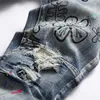 Jeans för män Slankt mode för män, tryckta sömmar, slitna midja, fritidsbyxor Personlighet Retro motorcykelbyxor Streetwear