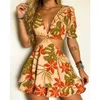 Casual Dresses Women Dresses Deep V Neck Multicolor Leaves Print Cut-Out O-ring Kort ärm PLICED Casual Chic Elegant Mini Dress G230322