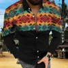 Camisas casuais masculinas camisa étnica homens de manga comprida aztec geométrica impressa na blusa de botão vintage de streetwear ocidental