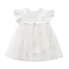 Sommerkleid für Babys, kurzärmelig, einfarbig, Blumenmuster, Gazerock