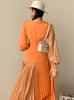 Abiti da festa IEQJ Trend Scollo a V Color Block Midi Dress Bandage Waist Orange Flare Abiti estivi a maniche lunghe Abbigliamento donna 3W3788 230322