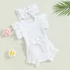 Ensembles de vêtements pour bébés filles, ensembles de vêtements pour tout-petits, tenues en tricot à volants en dentelle, barboteuse, short, bandeau à nœud, 230322