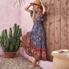 Party Dresses Summer Beach Floral Print Dress for Women Bohemian Elegant Ladies V-neck Short Sleeve Female Robe Boho Hippie Maxi Y2303