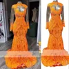 Prom Mermaid Orange High Neck Długie rękawowe cekinowe koronkowe sznurkowe sukienki wieczorowe cekiny seksowne sukienki dyplomowe 403