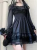 Casual Dresses Insdoit Lolita Gothic Black Corset Dress Women Vintage Lace Patchwork Ruched Eesthetic High midjeklänning Punk Party A-Line Dress G230322