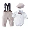 Kläder sätter gentleman småbarn pojke romper kläder kostym nyfödd solid bomull jumpsuit bälte båge hatt set baby pojkar 1: a födelsedag bröllop outfit z0321