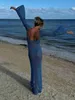 Robes de soirée Bleu Tricoté Maxi Robe 2023 Mode Été Femmes Maille Creux Voir À Travers Dos Nu Slim Sexy Plage Vacances Tenues Y2303