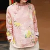 Kvinnors blusar Johnature Women Chinese Style Shirts and Tops Ramie High Quality Stand Long Sleeve 2023 Spring Button Print Floral Shirt