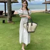 Casual klänningar mode koreansk stil kvinnor retro fyrkant krage rygglös midi klänning elegant mantel sexig gata kläder kvinnlig semester strand