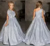 Sparkle Silver Flower Girls Dresses Big Bow Big One One Long Train Longe Girl's Pageant Party Barty Toodder Kids First Communion Christmas Dress Cl2052