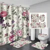 Shower Curtains Pink Flowers Rose Elegant Printed Shower Curtain Set Waterproof Women Bathing Bathroom Pedestal Rug Lid Carpet cortina ducha 230322