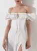 Casual Dresses Asia Puff Sleeve White Off Shoulder Cut out Tie up Side Split Ruched Long robe femme Summer for Women 230321