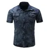 Men's Casual Shirts Men Elastic Cotton Denim Shirt Men Short Sleeve Cargo Shirts Work Business Shirts For Men Casual Blouse Streetwear Brand Clothes 230322