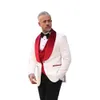 Röda vita män bröllop smoking sammet sjal lapel mens tuxedos outfits affärsformell slitage jacka byxor kostymer 3 stycken