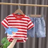 Kleidungssets Sommer koreanische Baby-Kleidung 1 bis 2 Jahre Cartoon gestreifte Kurzarm-T-Shirts Tops und Denim-Shorts Boutique-Kinderkleidung 230322